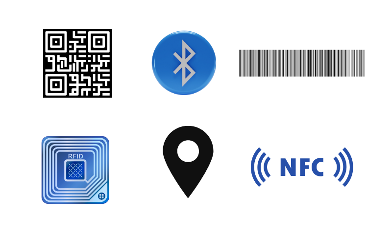 examples of different types of asset tagging and tracking technologies including QR code, bluetooth, barcode, RFID, GPS and NFC